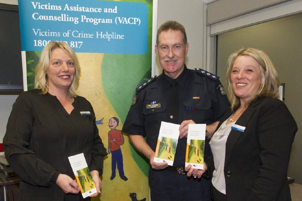 Inspector Ian Lindsay, centre, Heather Mather and Benita Marson at the Victims Assistance and Counselling Program launch.