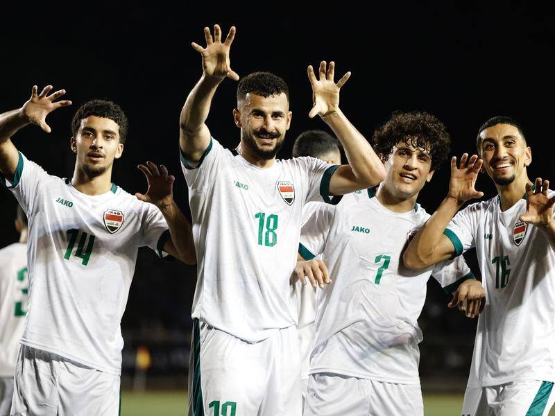 Aymen Hussein (18) celebrates one of his two goals in Iraq's 5-0 win over the Philippines in Manila. (EPA PHOTO)