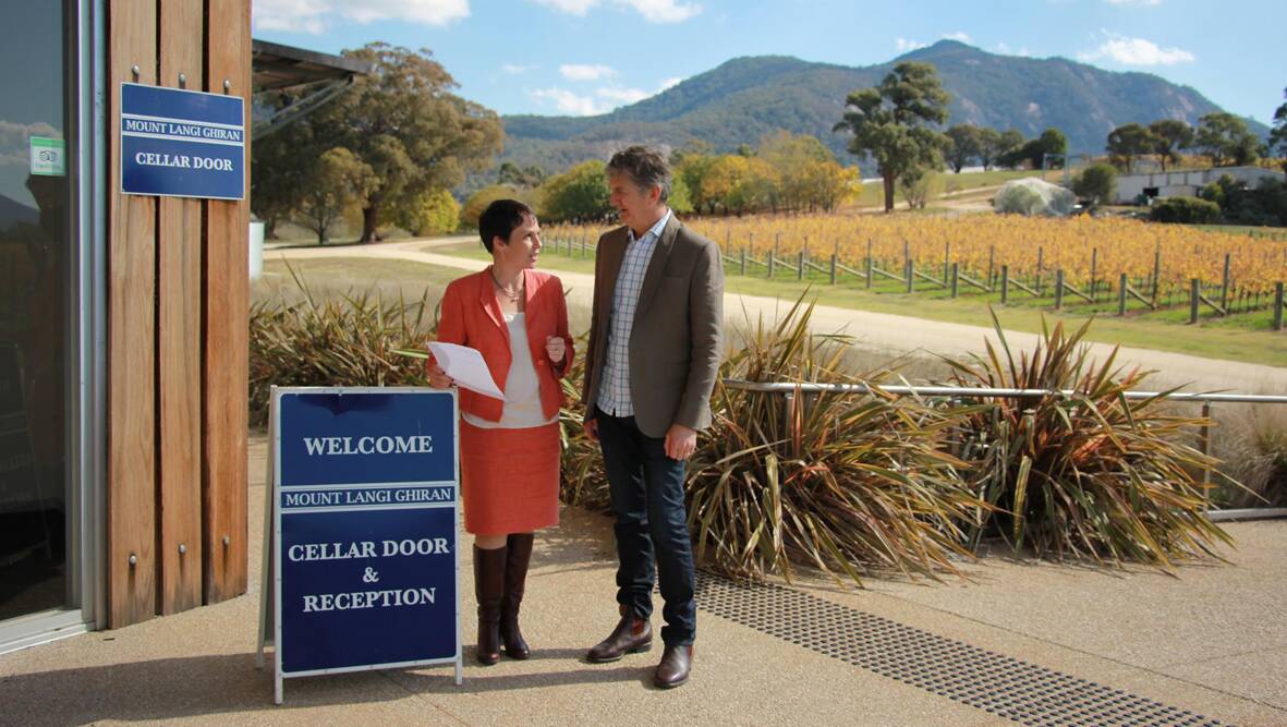 Minister for Agriculture and Regional Development Jaala Pulford discusses the new wine industry funding package with Mount Langi Ghiran general manager and viticulturalist Damien Sheehan, who is also the Wine Victoria chair.
