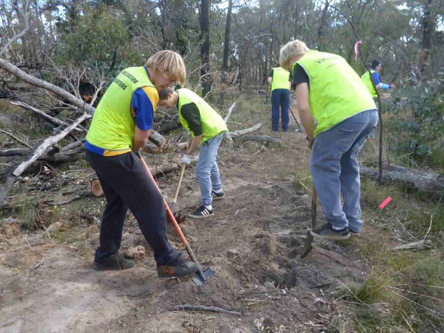 Students from Ararat College and Marian College took part in a mountain bike trail construction workshop in the Ararat Hills.