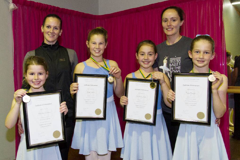 Ararat Dance centre students Madison, Amy, Sophie and Paige with their exam certificates and instructors Kristy Fenn and Karly Harris.