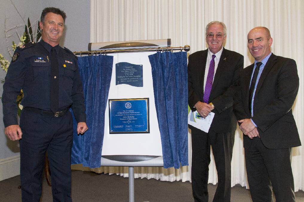 Unveiling the plaque officially dedicating the new CT scanner at East Grampians Health Service were Assistant Commissioner Robert Hill, Victorian Police Blue Ribboun Foundation chairperson Bill Noonan and EGHS Building for the Future Foundation chairperson David Hosking. 
 Picture: PETER PICKERING