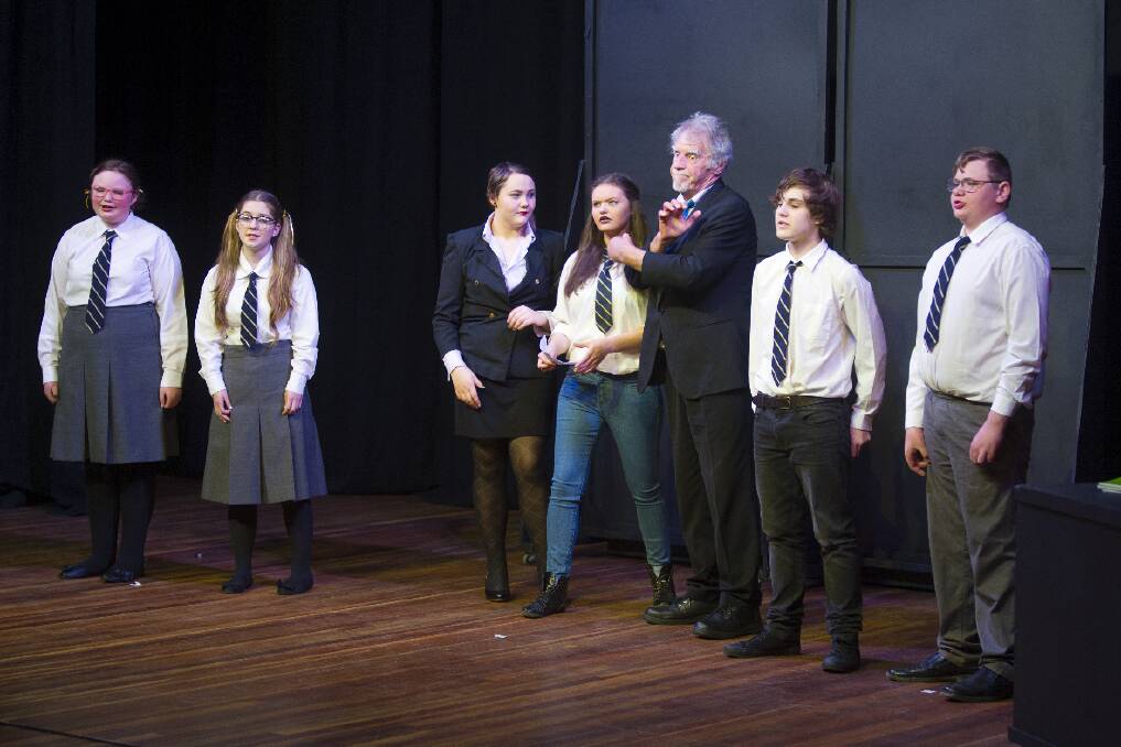 Emily Dunn, Sarah Thewlis, Maelisa Hannan, Sam Dunn, Bryan Kennedy, Jonah Whatley and Aaron Dunn in a scene from Governing Alice. Picture: PETER PICKERING