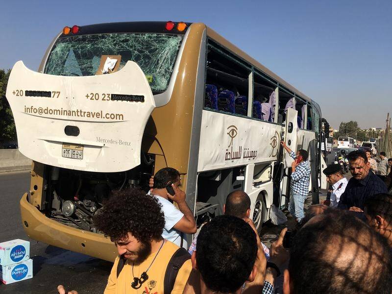 A bus carrying 25 South African tourists near Egypt's Giza Pyramids has been hit by an explosion.