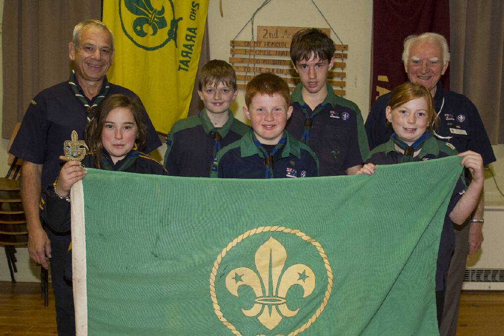 Neil Hunt, Jodan, Daniel, Ryan, Zoe and John Wilson welcome Hannah, at left, into the 2nd Ararat Scout Group. Pictures: PETER PICKERING