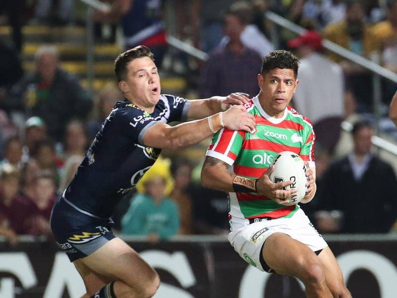 Scott Drinkwater tackles Dane Gagai in Souths' come from behind win over the Cowboys.