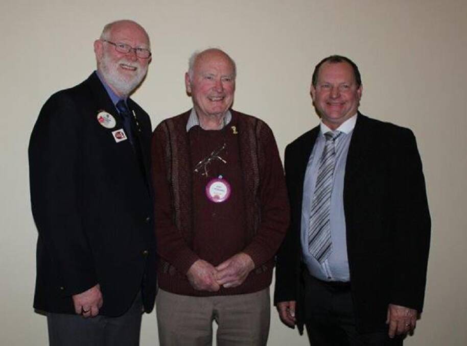 Lions district governor Phillip Johnson, Alan J Holding award recipient Ian Walmsley and  Ararat Lions Club president Bob Sanders.