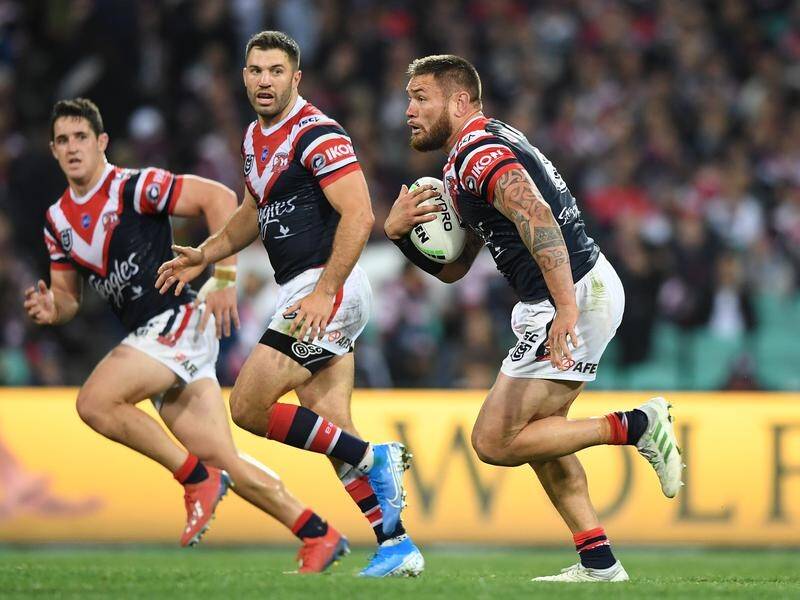 Roosters' Jared Waerea-Hargreaves (r) could face the match review committee for an apparent trip.
