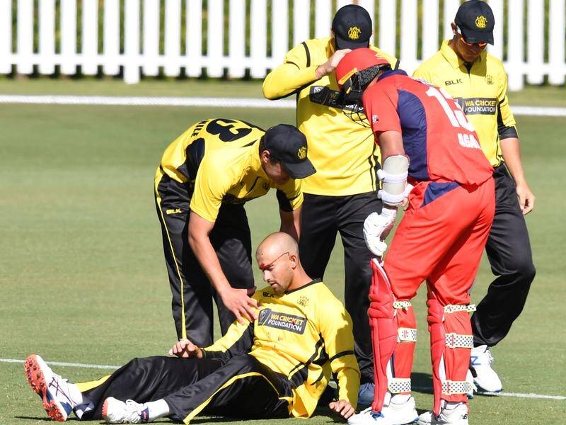 WA's Ashton Agar was left bloodiedafter being struck by the ball in the one-day cup clash with WA.