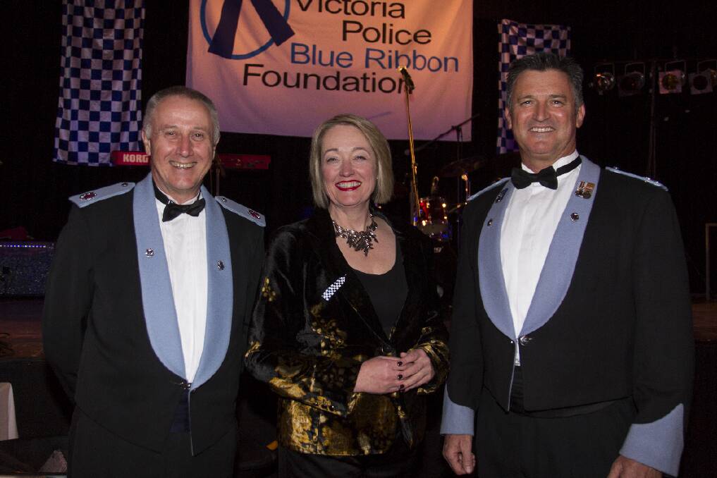 East Grampians Health Service board president Louise Staley with Assistant Commissioners Jack Blayney (left) and Robert Hill at the Victoria Police Blue Ribbon Foundation Ararat Branch s annual Gala Night of Nights. Picture: PETER PICKERING
