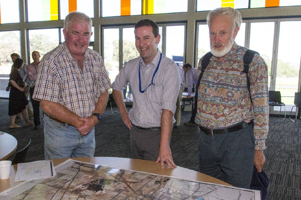 Geoff King and Keith Geue were keen to hear what Sam Brown from VicRoads had to say regarding the proposed Ararat Bypass. Picture: PETER PICKERING