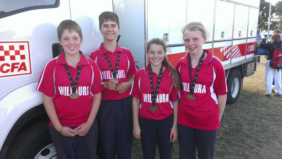 First place in the Low Down Pump and Ladder at the Volunteer Fire Brigades Victoria State Championships were Willaura s Nicholas, Joe, Kate and Felicity.