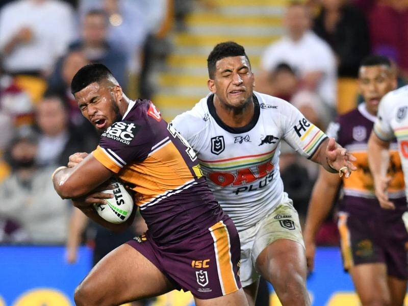 Payne Haas (l) produced a standout performance in the Broncos' NRL win over Penrith.