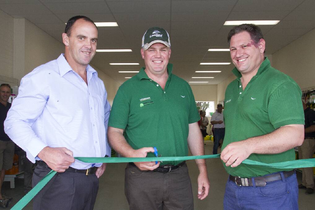 Scott Cameron, centre, joined by Nationals candidate Scott Turner and Landmark manager Jon Watt at the Lake Bolac opening of Westlake Total Ag. Picture: PETER PICKERING