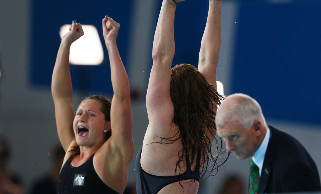 Lorna Tonks and Emily Seebohm of Australia celebrate winning the gold medal in the Women's 4 x 100m Medley Relay Final. PICTURE: GETTY