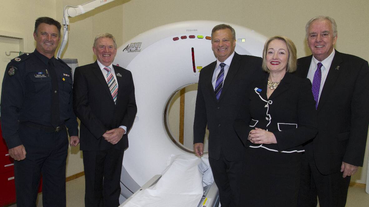 Pictured at the dedication of the new CT scanner at East Grampians Health Service, Victoria Police Assistant Commissioner Robert Hill, Victoria Police Blue Ribbon Foundation Ararat Branch chairperson Terry Weeks, Minister for Police and Emergency Services Kim Wells, East Grampians Health Service Board chairperson Louise Staley and Victoria Police Blue Ribbon Foundation chairperson Bill Noonan.