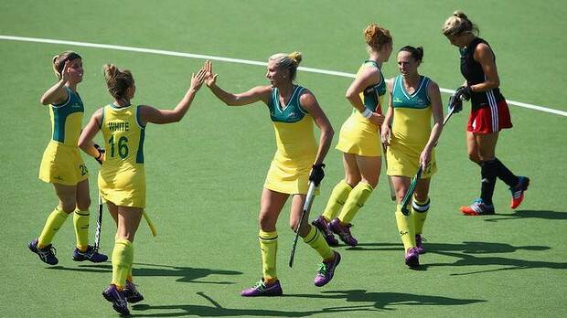 Jodie Kenny (third from left) celebrates after scoring against Wales. Photo: Getty Images