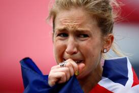 SA: Jess Trengove reacts after finishing third in the Women's Marathon. Photo: Getty Images