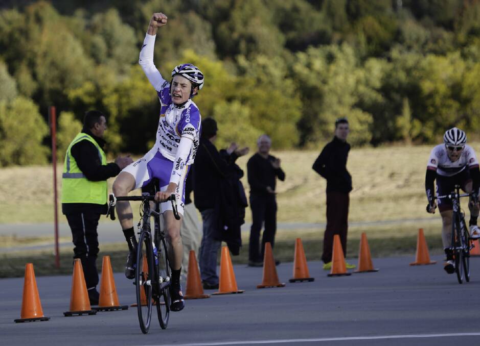 Ararat cyclist Lucas Hamilton celebrates after crossing the finishing line in first position of the 118-kilometre men’s road race at the Cycling Australia Under-19 Road National Championships in Canberra last Saturday. Picture: ANGUS BELL, CYCLING AUSTRALIA