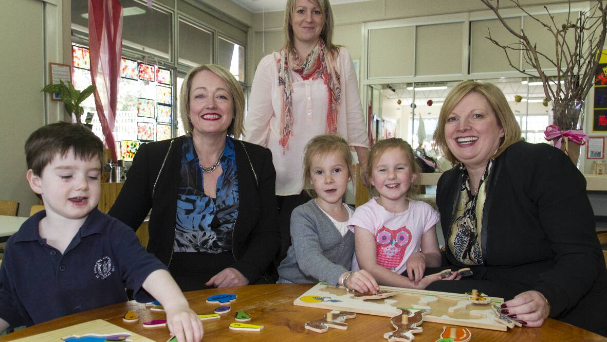 Ace, Delinda and Izzy with Liberal Candidate for Ripon Louise Staley, St Andrews Kinder director Melissa Cox and Minister for Children and Early Childhood Development Wendy Lovell. Picture: PETER PICKERING