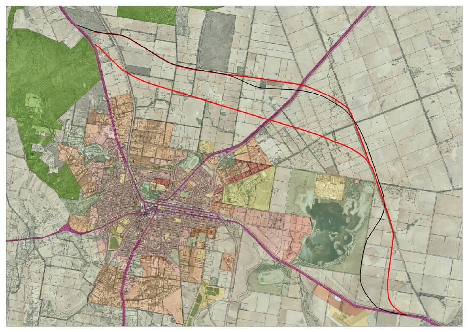 The Ararat bypass preferred route as determined by Ararat Rural City Council. The red lines refer to the existing preferred route while the black line refers to the refined preferred route.