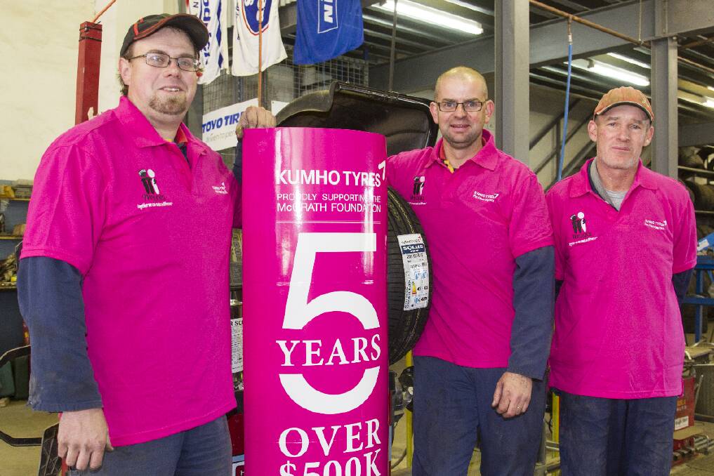 A blaze of pink at Tyrepower Ararat with Ben Stacey, Jason Stocks and Tony Makin participating in Pink Fitters Day today. Picture: PETER PICKERING
