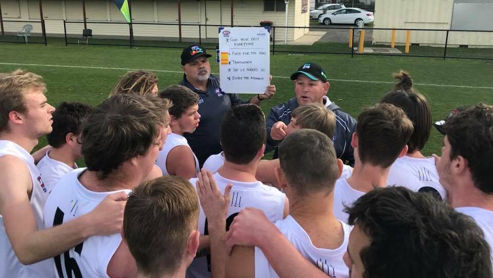 TEMA: Vic Country coach Steve Reeves addresses his team during its win against Queensland on Wednesday. Picture: CONTRIBUTED