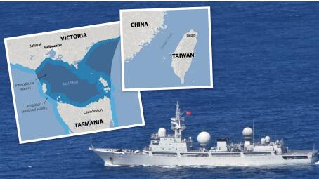 Inset: Australia doesn't own most of the Bass Strait. Why does China think it owns the Taiwan Strait? Main: Chinese intelligence ship Haiwangxing. Picture: Department of Defence