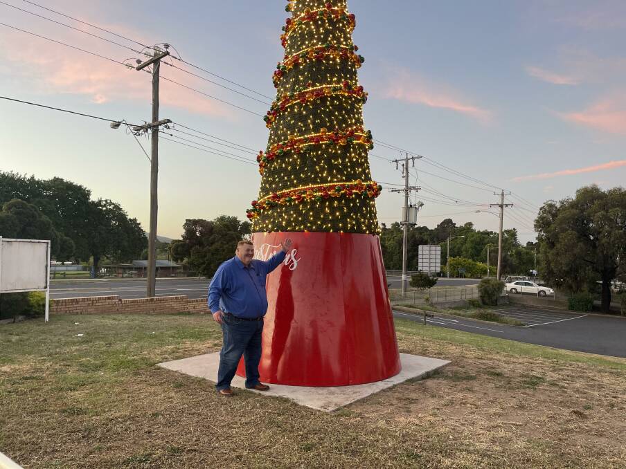 XMAS SPIRIT: ARCC chief executive Dr Tim Harrison with the 9.3m tall Christmas tree on the Corner of Vincent Street and High Street, Ararat. Picture: ARCC 