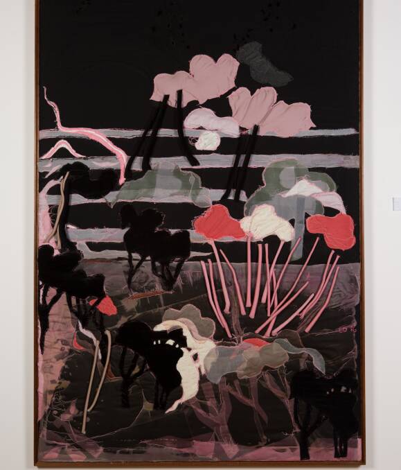 ART SHOW: Lois Densham, Pink and Black Landscape - 1976, various fabrics, applique, machine embroidery and padding, 173 x 109.5cm. Picture: Ararat Gallery TAMA, ARCC and MDP Photography & Video. 
