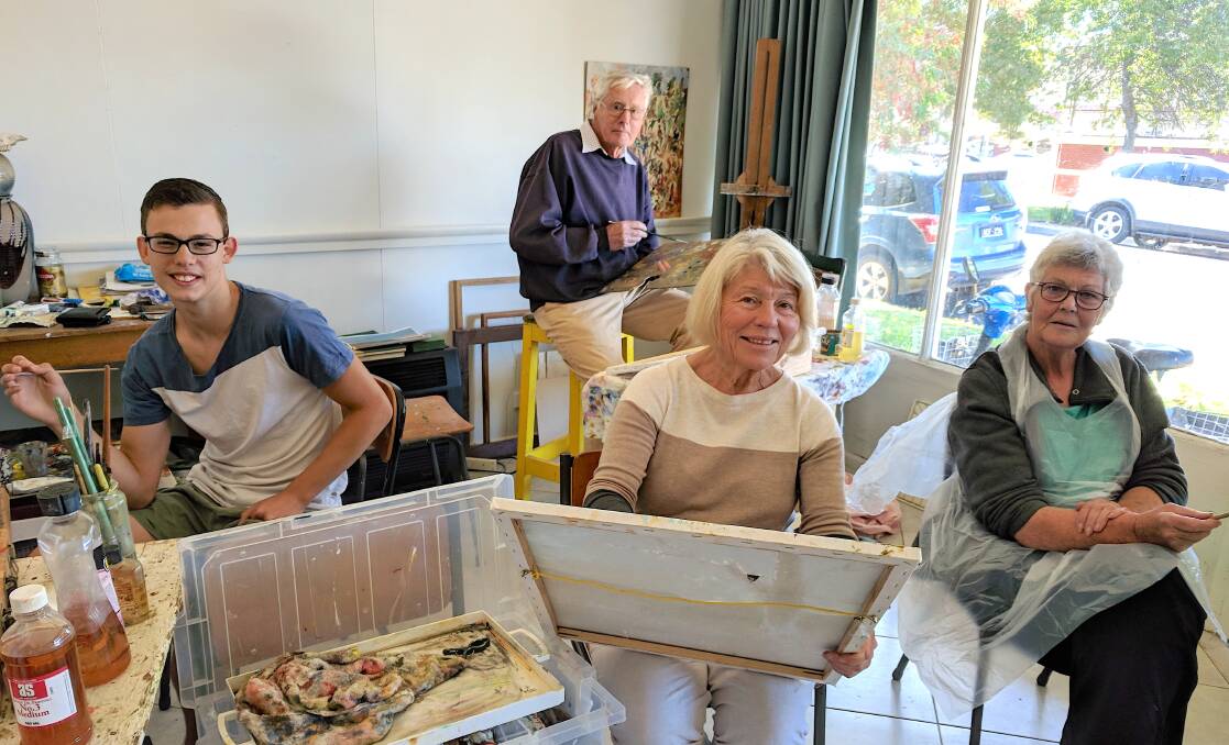 Art knows no age barrier: Beaufort Painting Group members Ben Winzer, Rodney Read, Barbara Blamey and Heather Featherston, prepare their entries for the 14th Pyrenees Art Exhibition. Photo: supplied.