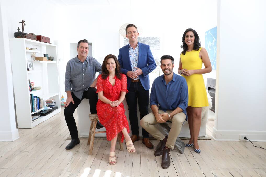 Escape From The City hosts, from left, radio presenter Simon Marnie, actress Jane Hall, buyer's agent Bryce Holdaway, finance journalist Del Irani and carpenter Dean Ipaviz. 