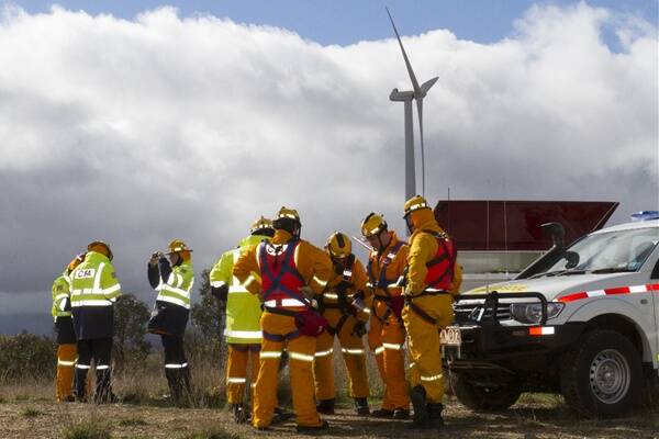 Emergency services gather at the Pacific Hydro Wind Farm at Challicum Hills, Buangor.