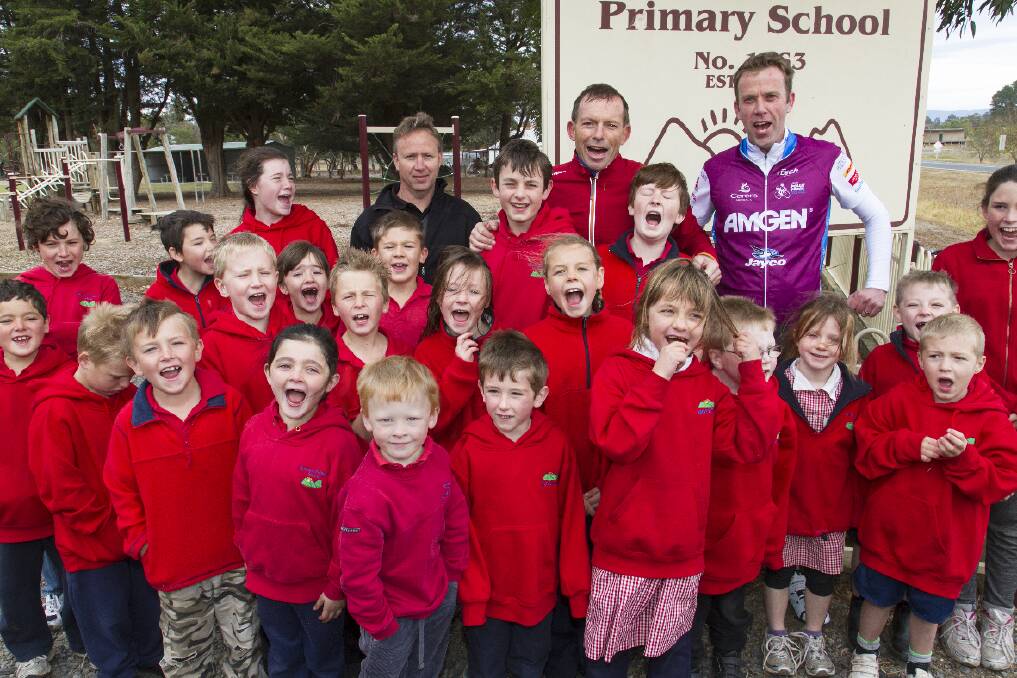 Moyston Primary School principal Anthony Cain with Federal Opposition Leader Tony Abbott, Member for Wannon Dan Tehan and the enthusiastic Moyston Primary School students during last week s Pollie Pedal which passed through the region. More pictures - See page 12. Picture: PETER PICKERING