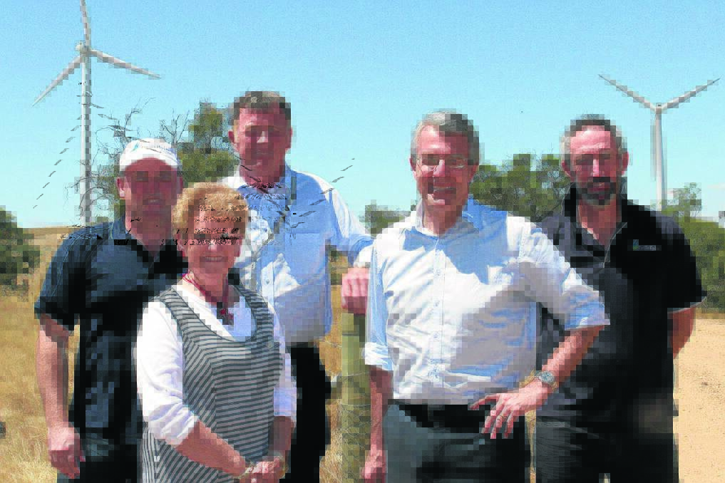 Pacific Hydro's Andrew Richards, Cr Gwenda Allgood, Don Cole, Parliamentary Secretary for Climate Change and Energy Efficiency Mark Dreyfus and Pacific Hydro's Shaun Blackie at Challicum Hills.