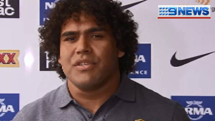 Sam Thaiday announces he is standing down from the Broncos captaincy at a press conference on Friday. Photo: Nine News