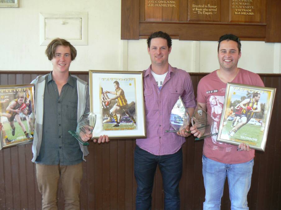 Tatyoon Football Club's best and fairest winners for 2012: Bill Fisher (under 16s), Pat Tucker (seniors) and Ash Maconachie (reserves).