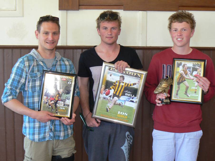 Tatyoon's leading goalkickers for 2012: Josh McDougall (reserves), Aidan Bell (seniors) and Chris Jerram (under 16s).
