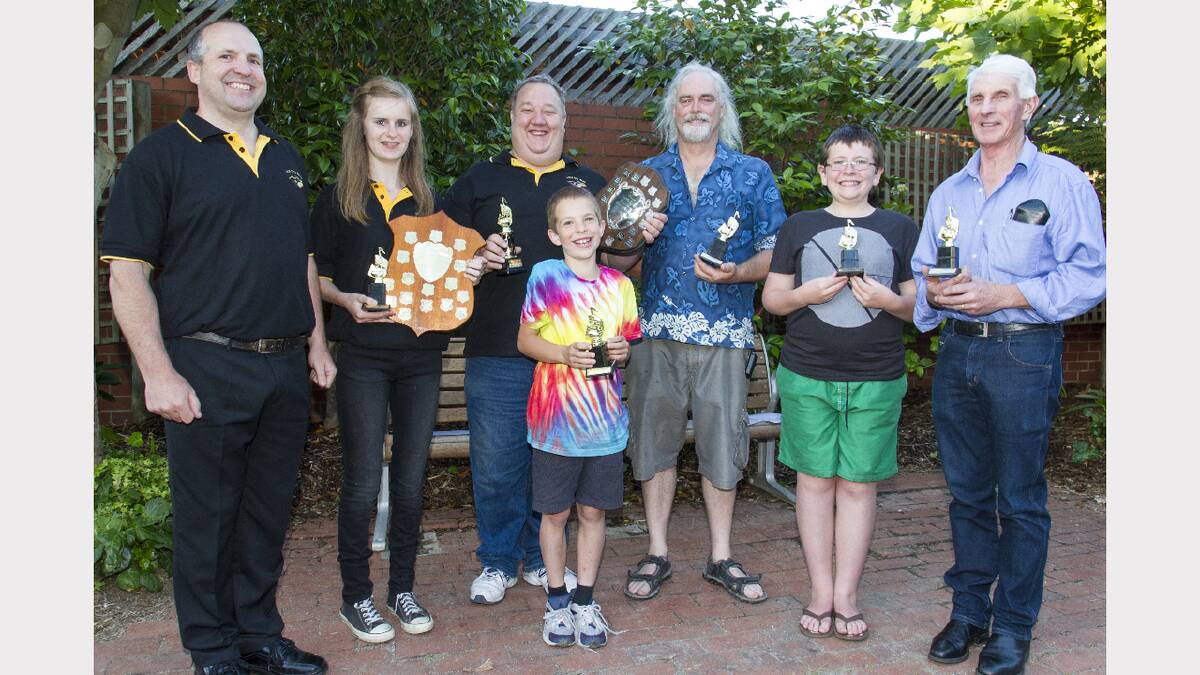 Ararat City Band conductor Wally Pope at left with award winners Olivia McColl, Most Improved Junior, president Scott Barrie, Bandperson of the Year, Walter Pope, Junior Bandsperson, Peter Hannan, Musicianship Award, Declan Champneys, Most Improved Junior, and Greg Carroll Most Improved Senior. Pictures: PETER PICKERING