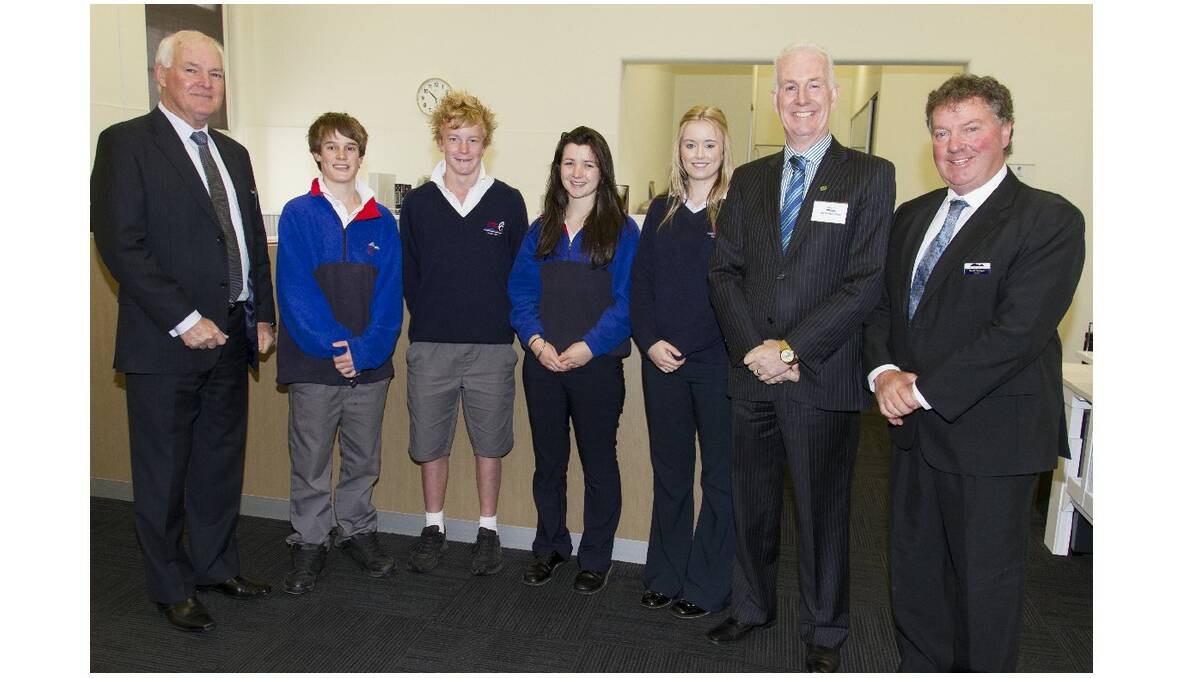 Department of Education assistant regional director Peter Henry, Ararat College students Riley, Riley, Meg and Taylah with Education Minister Martin Dixon and Ararat College principal Geoff Sawyer.