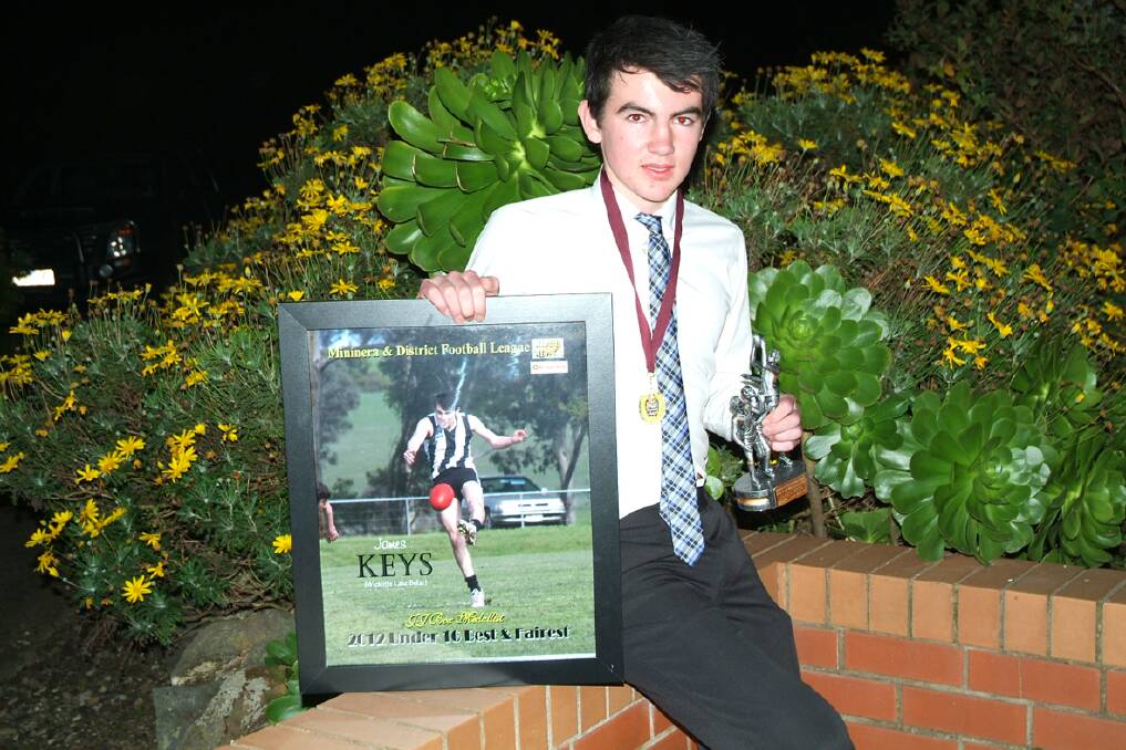 James Keys wins the JJ Box medal for the best and fairest under 16 player at the Mininera and District Football League vote count and presentation night.